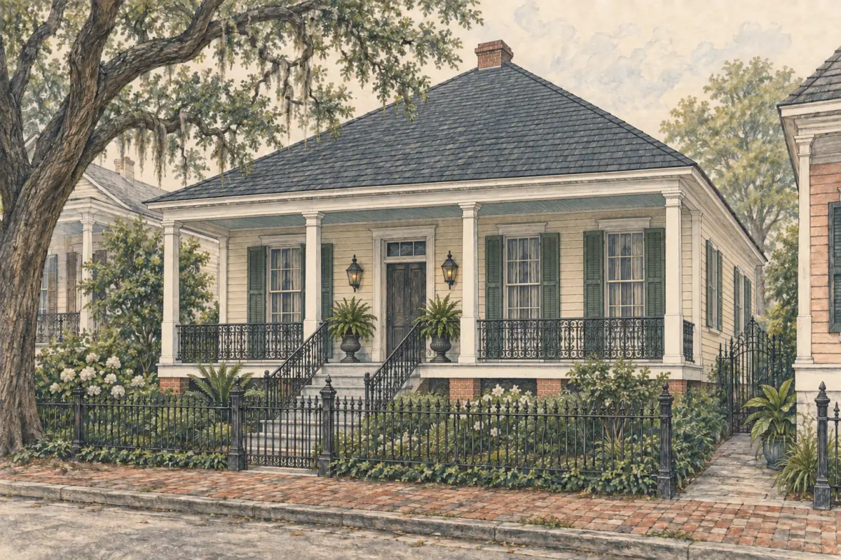 A home with its roof, porch and neighboring houses