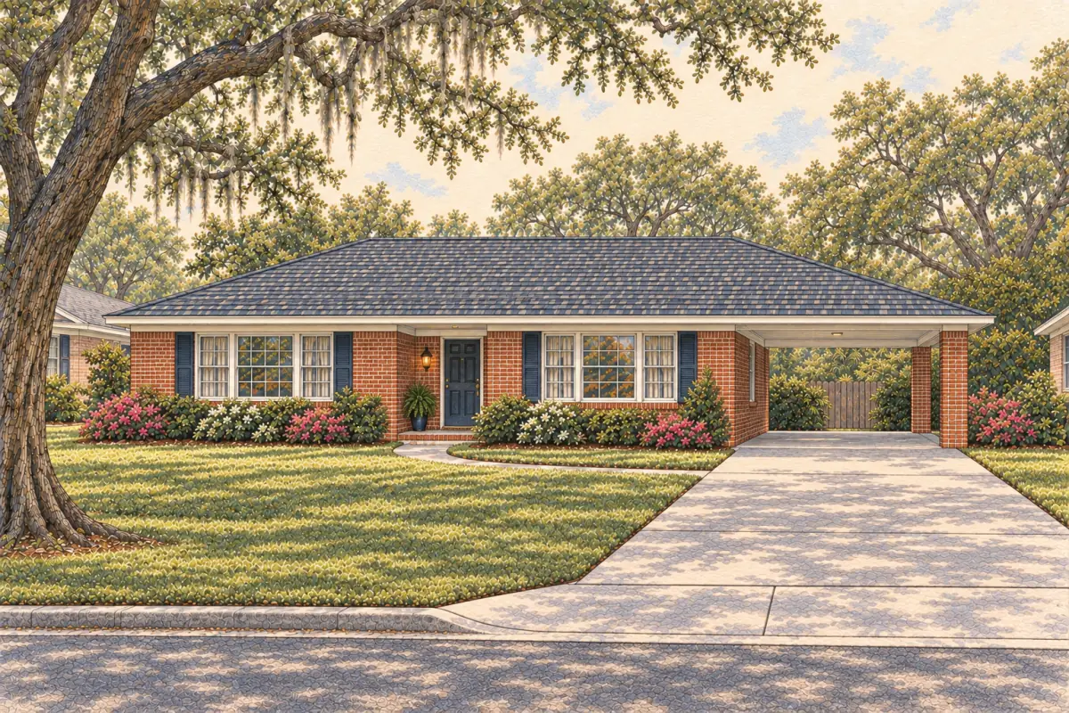 Mobile brick ranch with a continuous hip roof and attached carport