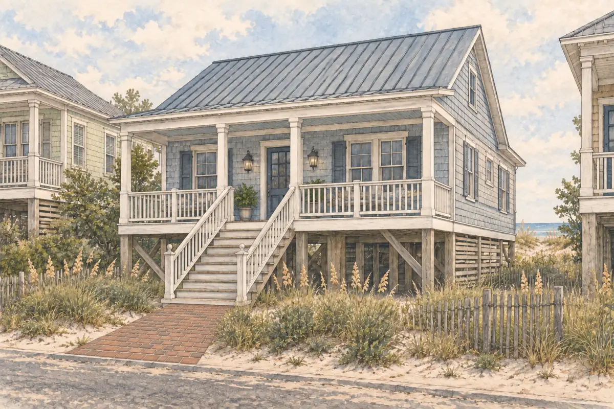 North Carolina beach house elevated on timber pilings